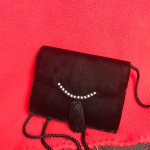 Black velvet and rhinestone fringe evening purse